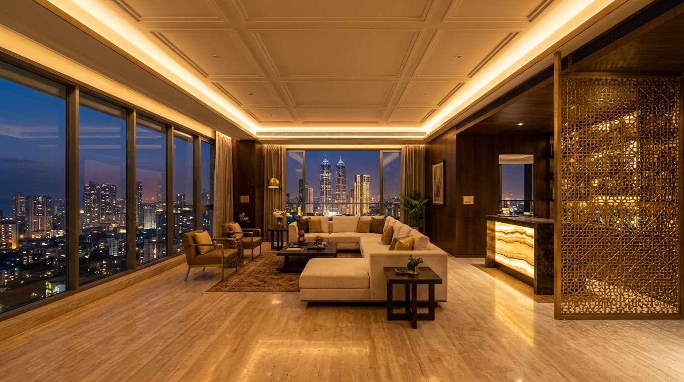 Contemporary Indian Luxury Penthouse with Warm Ambient Lighting and Brass Jali
